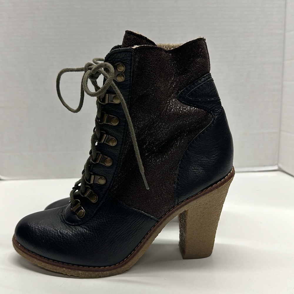 Sam Edelman Tara High Heeled Ankle Boots Leather Shearling Lined Brown Black 7.5 - Picture 2 of 8